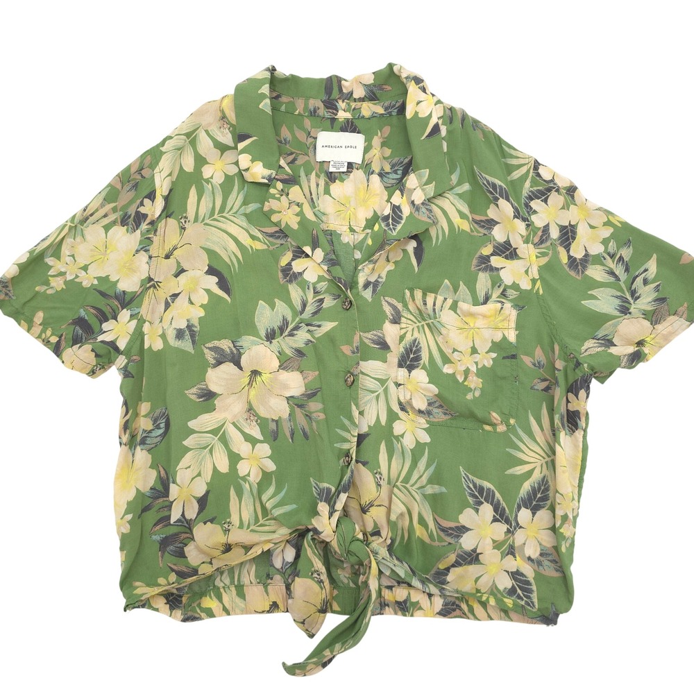 American Eagle Womens Green Floral Tie Front Tropical Top Size Medium
